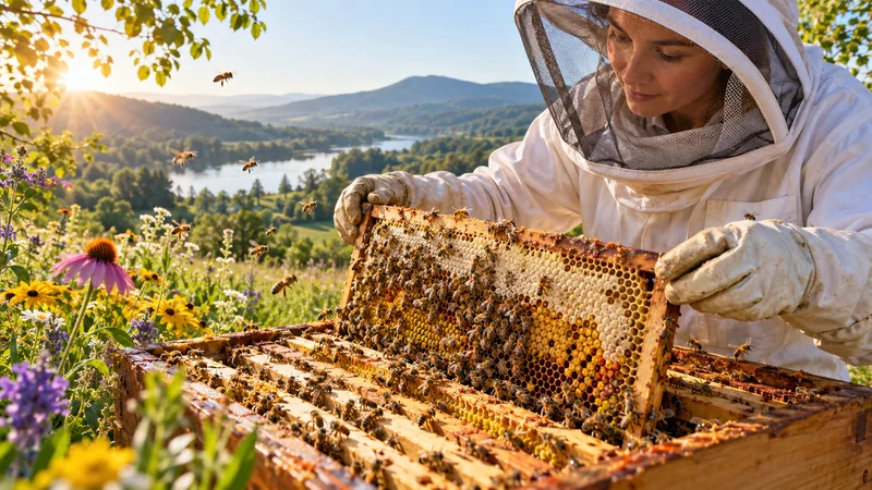 Illustrazione editoriale IA di una ricercatrice apicoltrice che osserva un alveare sano in un paesaggio ricco di fiori.
