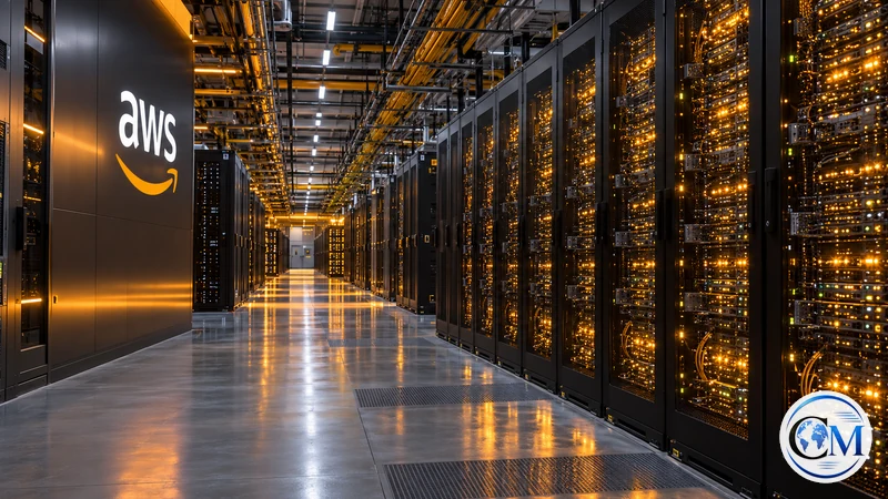 Illustrazione editoriale IA di un corridoio di server AWS completamente illuminato; scena non documentaria.