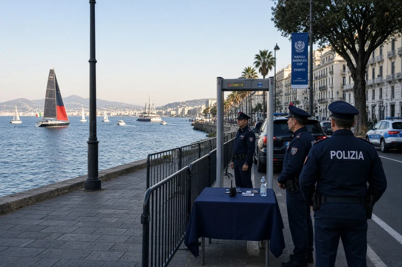 Agenti di polizia e metal detector sul lungomare di Napoli con barche a vela sullo sfondo; illustrazione editoriale IA non documentaria.