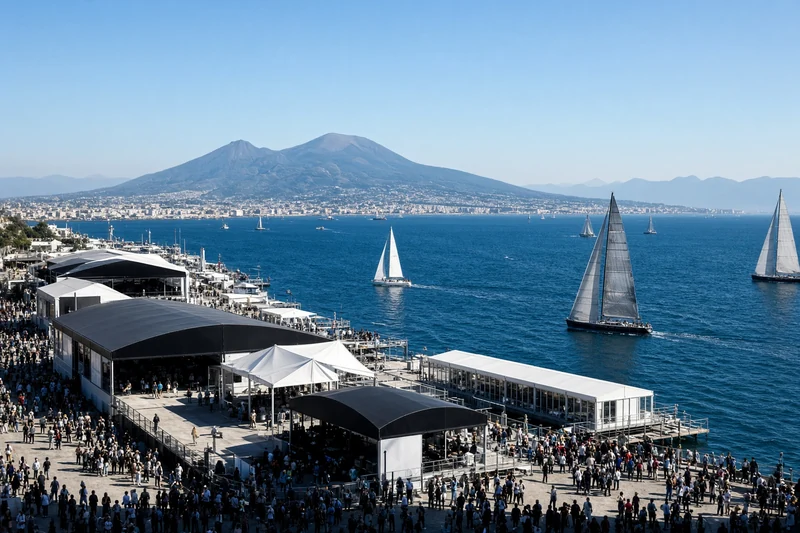 Illustrazione editoriale IA del Golfo di Napoli con villaggio regata e barche a vela; scena non documentaria.