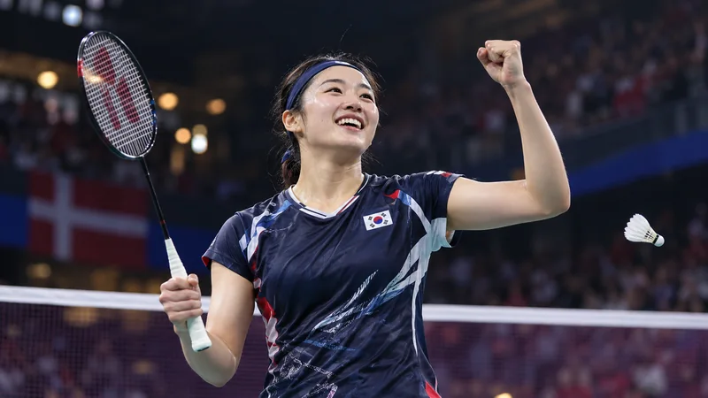 Illustrazione editoriale IA di An Se-young che festeggia su un campo da badminton.