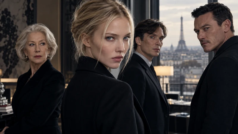 Illustrazione editoriale IA con somiglianze sintetiche di Sasha Luss, Helen Mirren, Cillian Murphy e Luke Evans in un ambiente parigino, non tratta dal film.