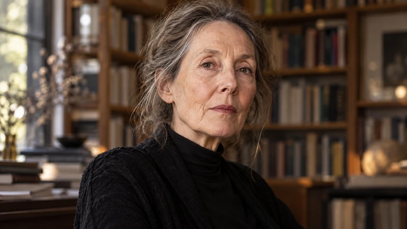 Somiglianza sintetica IA di Anne Carson in un ambiente di libri; illustrazione non documentaria, senza una cerimonia inventata.
