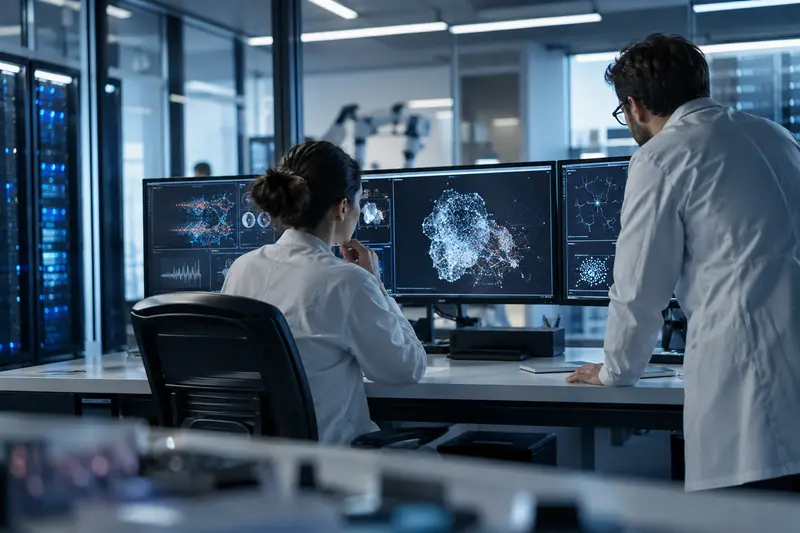Scena editoriale contestuale ordinaria generata con IA di un laboratorio di ricerca sull’intelligenza artificiale con ricercatori e sistemi di monitoraggio, senza persone pubbliche riconoscibili