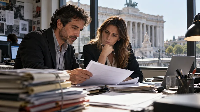 Giornalista e attivista esaminano documenti giudiziari in una redazione italiana