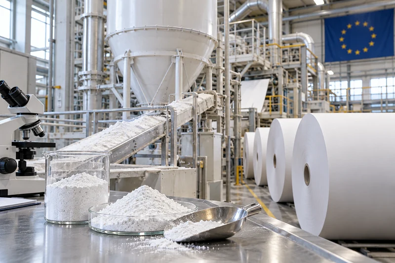 Impianto industriale per carbonato di calcio e produzione cartaria, illustrazione editoriale IA.