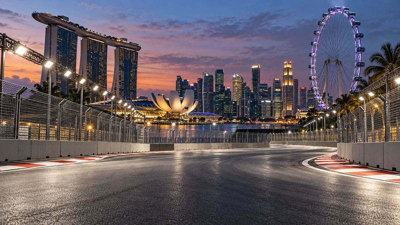 Illustrazione editoriale IA del contesto del circuito di Marina Bay a Singapore, senza piloti e senza ricostruzione di una gara.