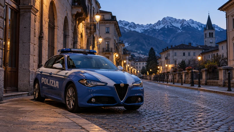 Illustrazione editoriale IA di un'auto della polizia in una strada alpina ispirata ad Aosta; nessuna ricostruzione dell'aggressione.