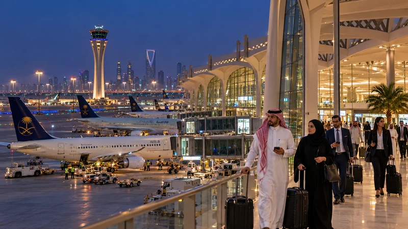 Aeroporto internazionale di Riad al crepuscolo, illustrazione editoriale IA senza rappresentare attacchi.