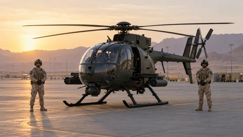 Illustrazione editoriale IA di un elicottero AH-6i saudita integro su una pista desertica, senza incidenti o persone ferite visibili.