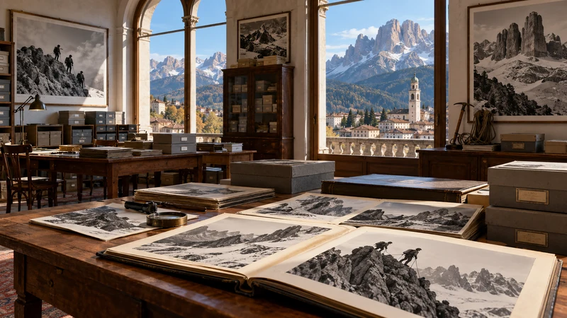 Illustrazione editoriale IA ultrarealistica di un archivio alpino a Belluno con fotografie storiche e Dolomiti; scena non documentaria.