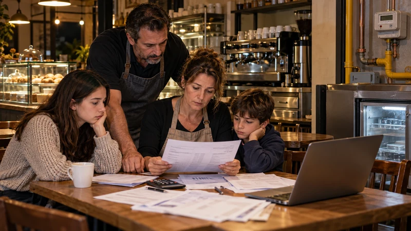 Famiglia e piccola impresa controllano costi energetici; immagine editoriale generata con IA.