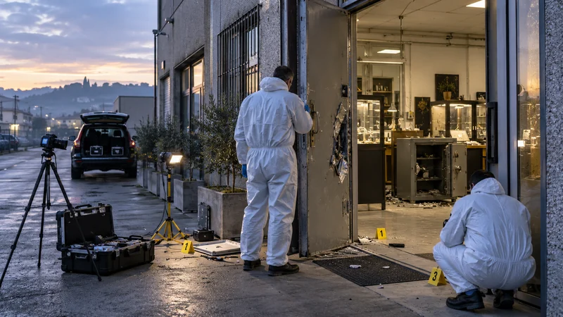 Illustrazione IA di tecnici che documentano danni all'ingresso di un laboratorio orafo; non documenta i fatti reali.