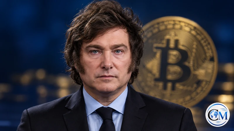 Ritratto sintetico editoriale IA di Javier Milei con un token digitale sfocato; non è una fotografia del procedimento.