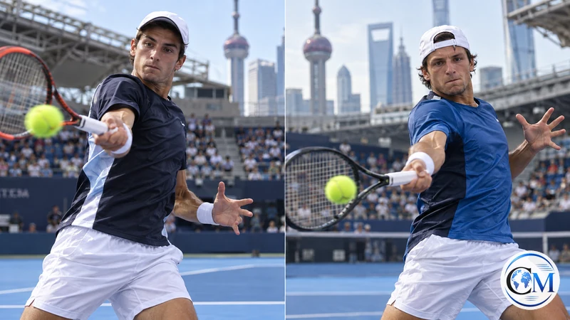 Ricostruzione editoriale IA ultrarealistica di Matteo Arnaldi e Luciano Darderi sui campi di Shanghai; non è una foto dei match.