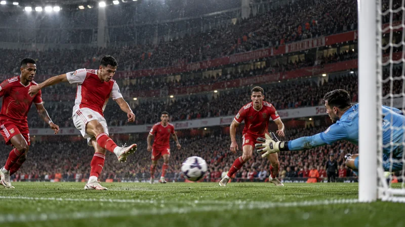 Illustrazione editoriale IA di un attaccante in rosso e bianco al tiro in una partita inglese.