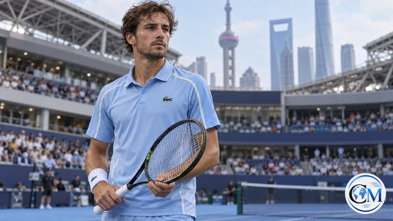 Illustrazione editoriale IA del tennista Arthur Gea su un campo a Shanghai; non è una fotografia del match contro Shelton.
