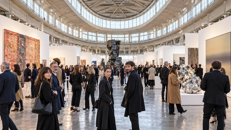 Illustrazione editoriale IA di visitatori tra le gallerie di Artissima all’Oval Lingotto di Torino; scena non documentaria.