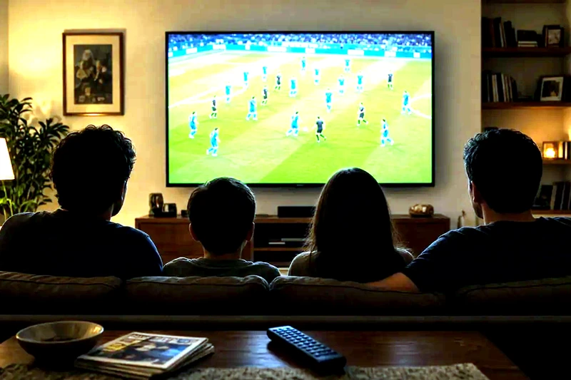 Illustrazione editoriale IA di famiglia sul divano che guarda una partita in TV; non documentaria.