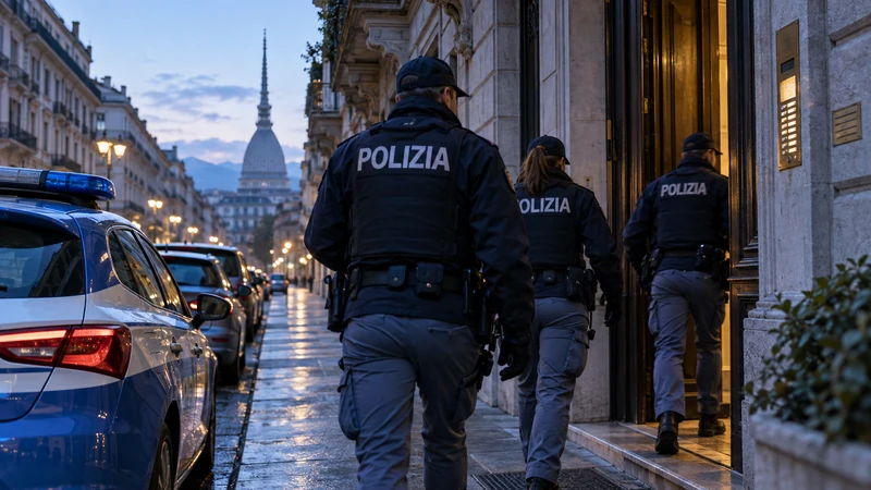 Illustrazione editoriale IA ultrarealistica e non documentaria di agenti della Polizia di Stato davanti a un edificio di Torino, senza persone indagate visibili.