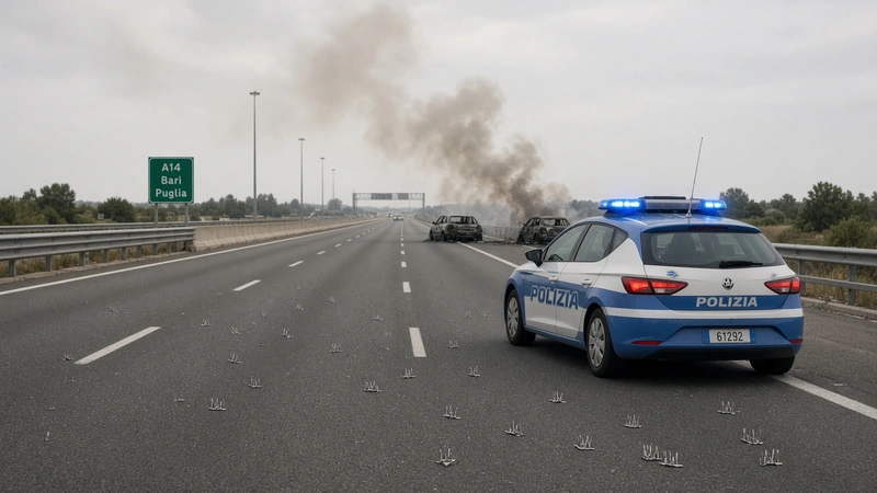 Illustrazione editoriale IA di autostrada A14 con auto della Polizia e mezzi bruciati; scena non documentaria.