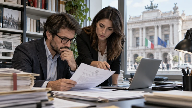 Illustrazione editoriale IA di una redazione che verifica un provvedimento giudiziario favorevole; scena simbolica non documentaria.