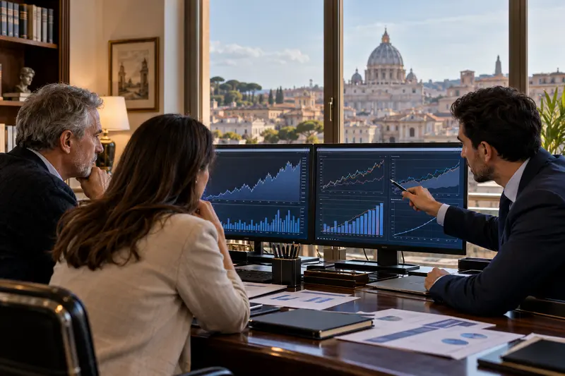 Illustrazione editoriale IA di un tavolo finanziario con titoli di Stato italiani e grafici sui rendimenti.
