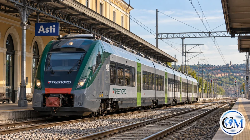 Illustrazione editoriale IA di un treno regionale Trenord presso Asti; non è una fotografia dei lavori.
