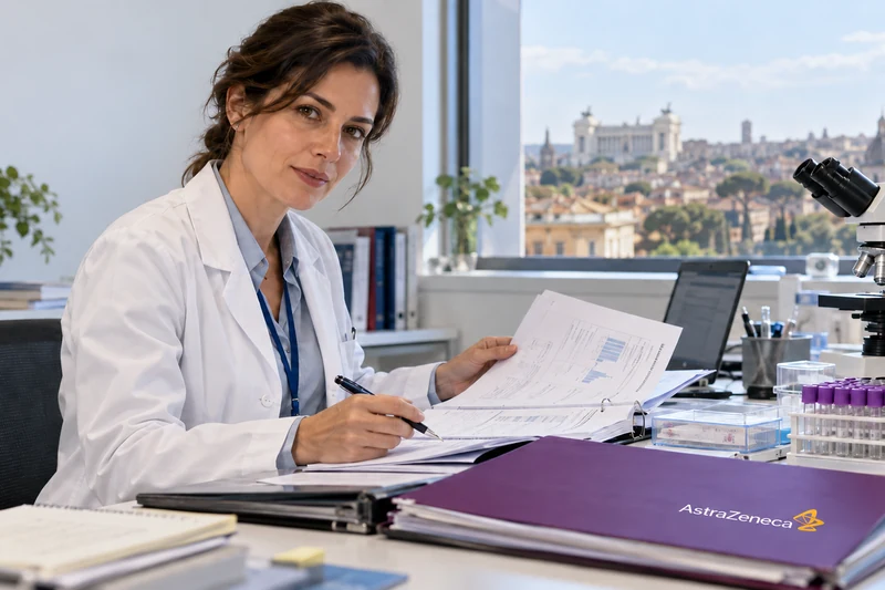 Scena editoriale IA di documentazione e attività di ricerca clinica legata al piano AstraZeneca; non fotografia di uno studio reale.
