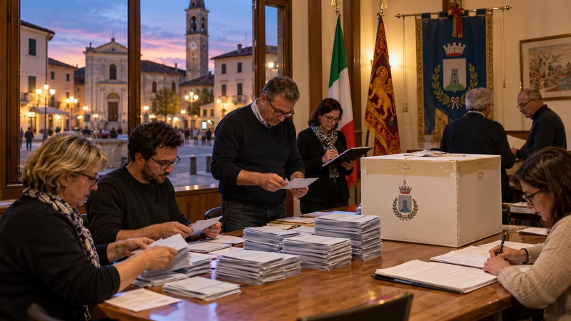 Illustrazione editoriale IA di due municipi veneti collegati da una piazza con cittadini dopo un referendum; scena non documentaria.