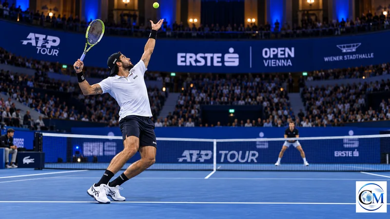 Matteo Berrettini al servizio sul campo indoor di Vienna, illustrazione editoriale IA