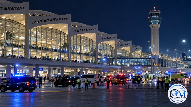 Ricostruzione editoriale IA ultrarealistica dell'aeroporto King Khalid di Riyadh dopo un allarme di sicurezza; non è una foto dell'attacco.