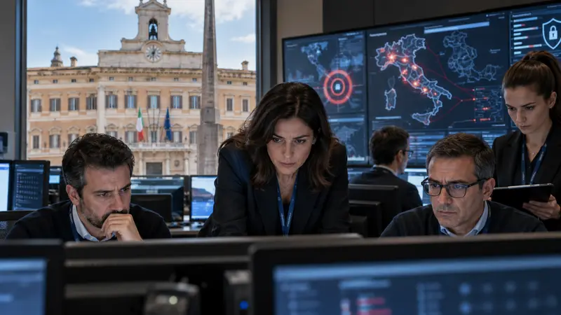Sala operativa informatica istituzionale con monitor e tecnici durante una verifica di sicurezza