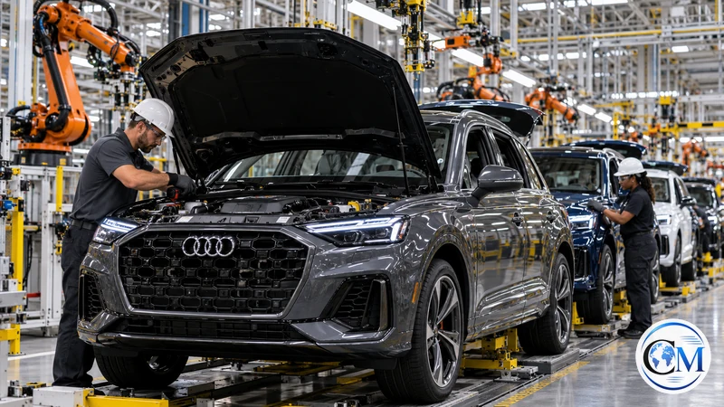 Illustrazione editoriale IA ultrarealistica di una linea di assemblaggio Audi negli Stati Uniti; scena non documentaria.