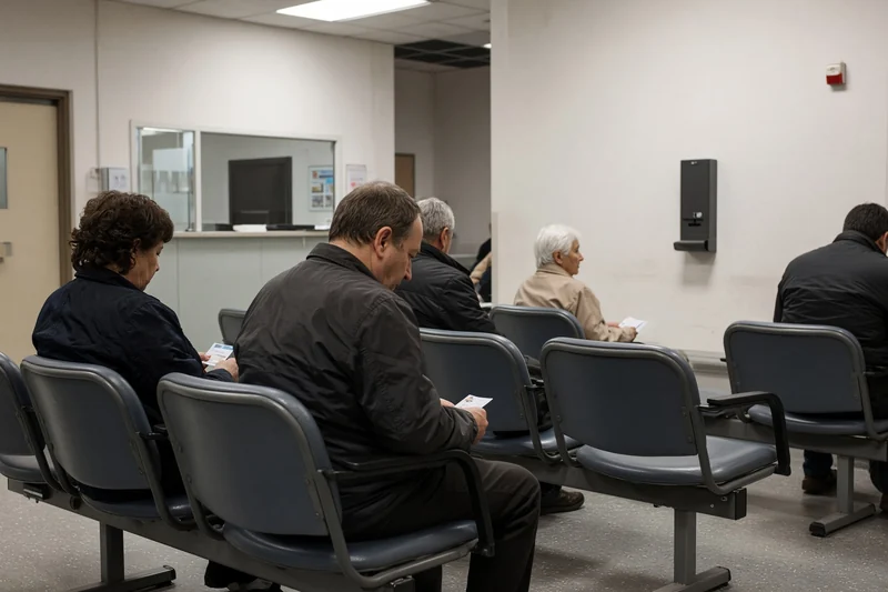 Scena editoriale contestuale generata con IA: sala d’attesa di un ambulatorio italiano, tessera sanitaria e dispensatore di numeri; non è una fotografia documentaria di una ASL specifica.