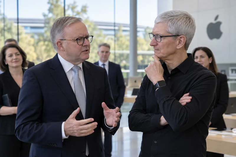 Scena editoriale contestuale generata con IA: Anthony Albanese e Tim Cook riconoscibili durante un confronto professionale in un campus tecnologico; somiglianze sintetiche, non è una fotografia documentaria.