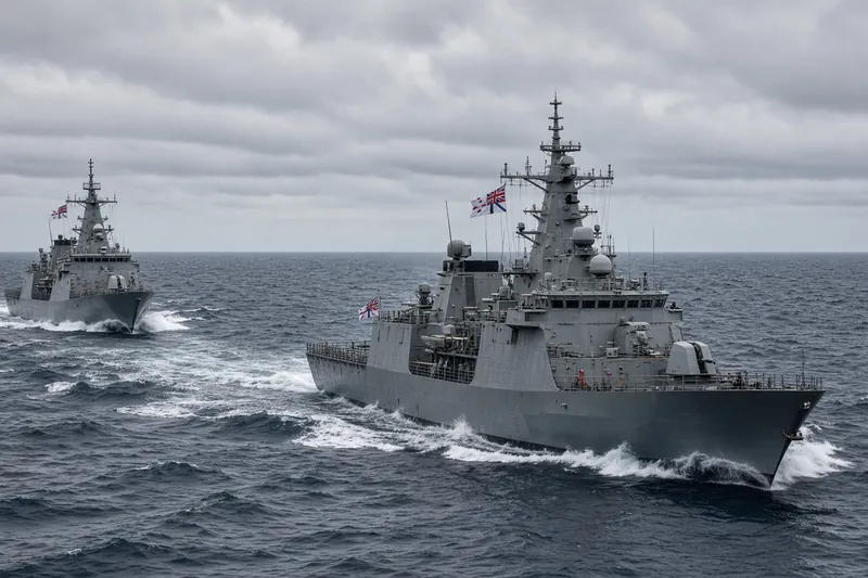Illustrazione editoriale generata con IA: due navi da guerra australiane e neozelandesi in navigazione congiunta, senza combattimento; non è una fotografia documentaria.
