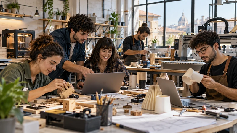 Due giovani imprenditori lavorano in un laboratorio italiano; immagine editoriale generata con IA.