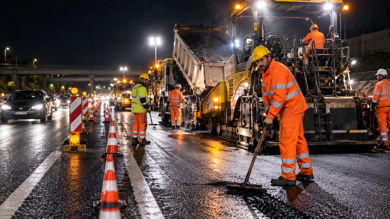 Illustrazione editoriale IA di lavori notturni in autostrada con coni e deviazione, senza incidenti; scena non documentaria.