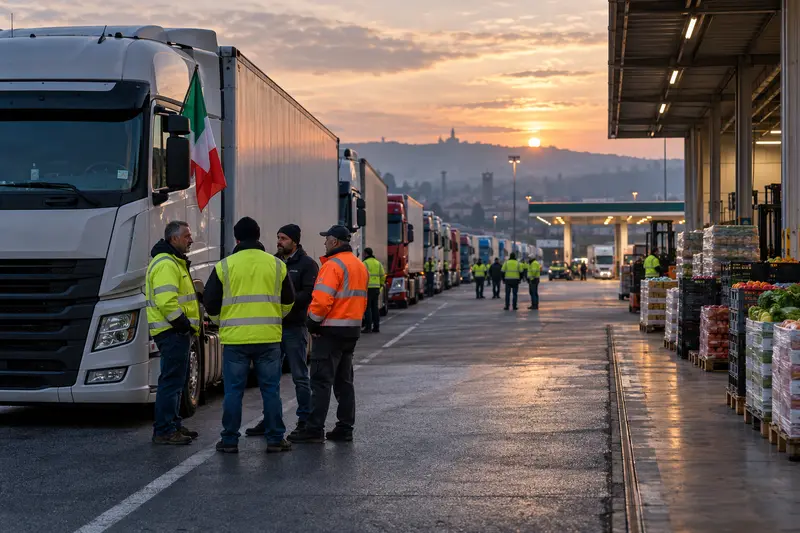 Convoglio ordinato di camion e autotrasportatori in giubbotti ad alta visibilità presso un hub logistico del Sud Italia; illustrazione editoriale IA non documentaria.