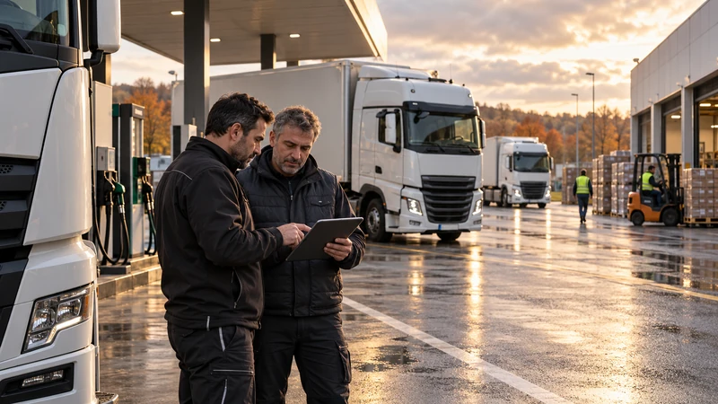 Illustrazione editoriale IA di autotrasportatori che verificano i costi del gasolio in un deposito logistico italiano; scena non documentaria.
