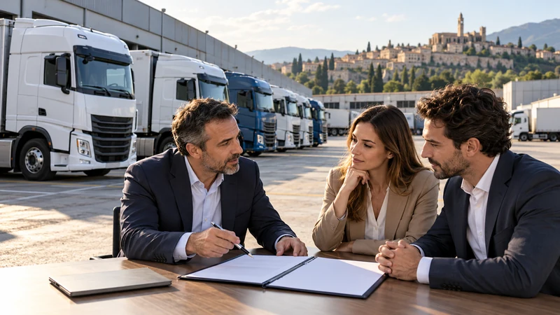Illustrazione editoriale IA di imprenditori che discutono un contratto di leasing davanti a una flotta di camion; scena non documentaria.