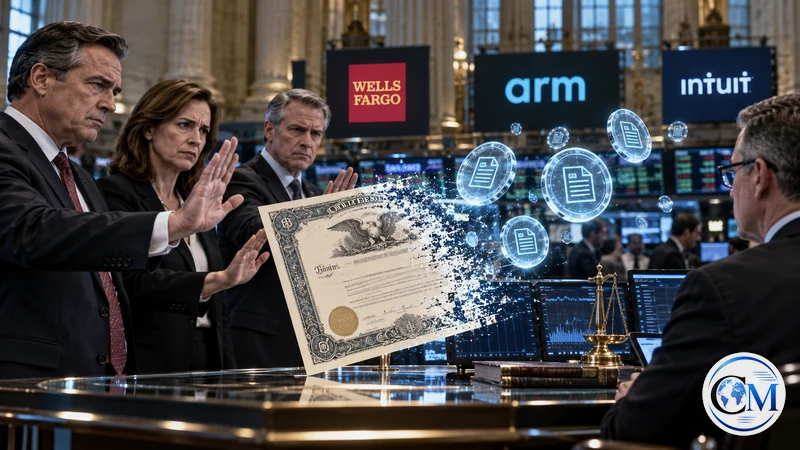 Illustrazione editoriale IA di un certificato azionario trasformato in token digitali davanti a pannelli societari; scena non documentaria.