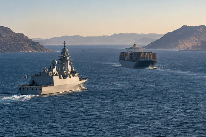 Illustrazione editoriale generata con IA di una fregata italiana che accompagna un mercantile verso Bab el-Mandeb; scena non documentaria.