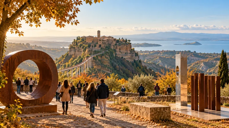 Installazione di arte contemporanea nel paesaggio tra Civita di Bagnoregio e il lago di Bolsena; illustrazione editoriale IA.