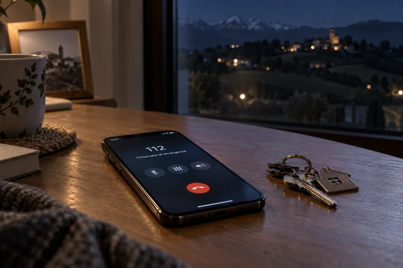 Composizione editoriale neutrale con telefono sulla chiamata al 112 e paesaggio rurale piemontese, senza persone.