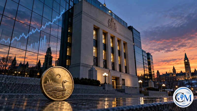 Illustrazione editoriale IA della sede della Banca del Canada con una moneta canadese; scena non documentaria.