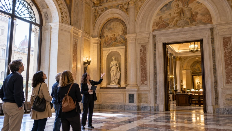 Illustrazione editoriale IA di visitatori in una storica sede bancaria italiana; scena non documentaria.