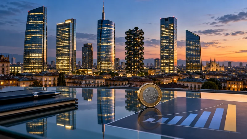 Distretto bancario moderno con sei torri e simboli finanziari astratti, illustrazione editoriale generata con IA