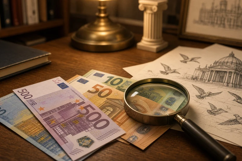 Illustrazione editoriale generata con IA: banconote in euro e schizzi di uccelli e architetture su una scrivania; non è una fotografia documentaria.